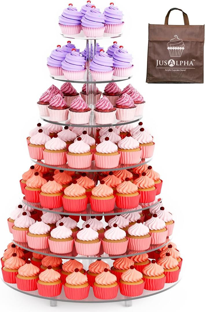 Jusalpha Large 7 Tier Acrylic Round Wedding Cake Stand Dessert Stand Pastry Serving Platter-Food Display Stand For Large Event (With Rod Feet Base) (7RF)