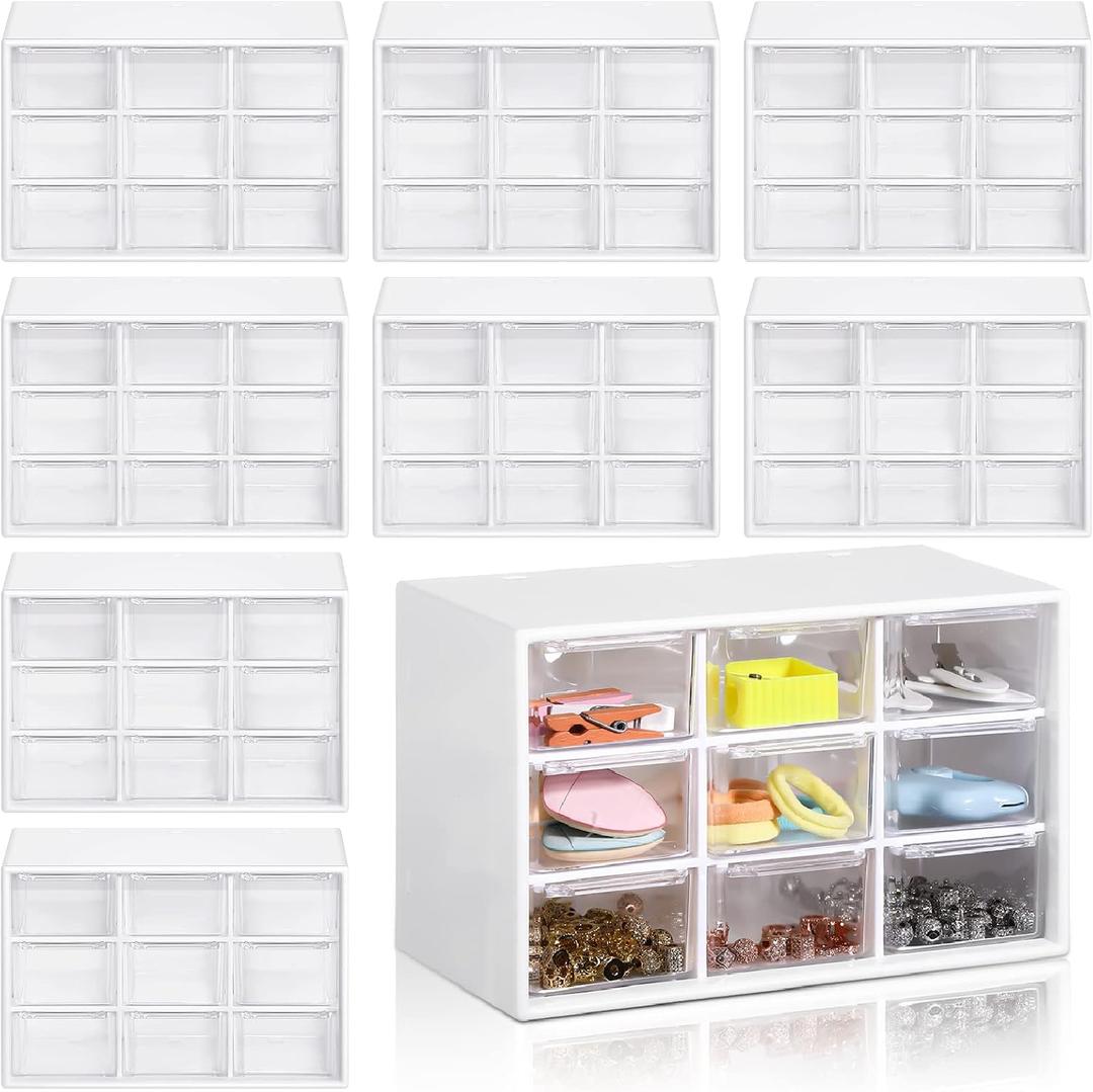 Rtteri 9 Pieces Mini Drawer Organizer Plastic Desktop Storage Box Desk Craft Organizer with 9 Clear Drawers for Office Home Jewelry Small Parts Belongings Cosmetics Collection, Wall Mounted (White)
