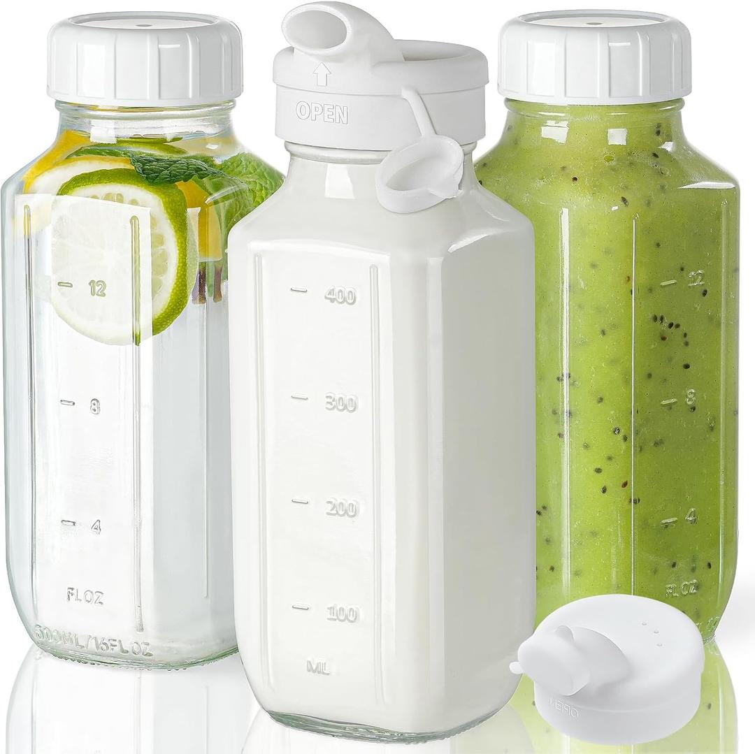Syntic Glass Juice Bottles with Lids, 3 Pack Clear Glass Water Bottles w 2 Pour Spouts, 16 Oz Reusable Milk Jug w 100% Airtight Cap and Scale for Juicing Containers, Breast Milk Storage, Drinking Jar