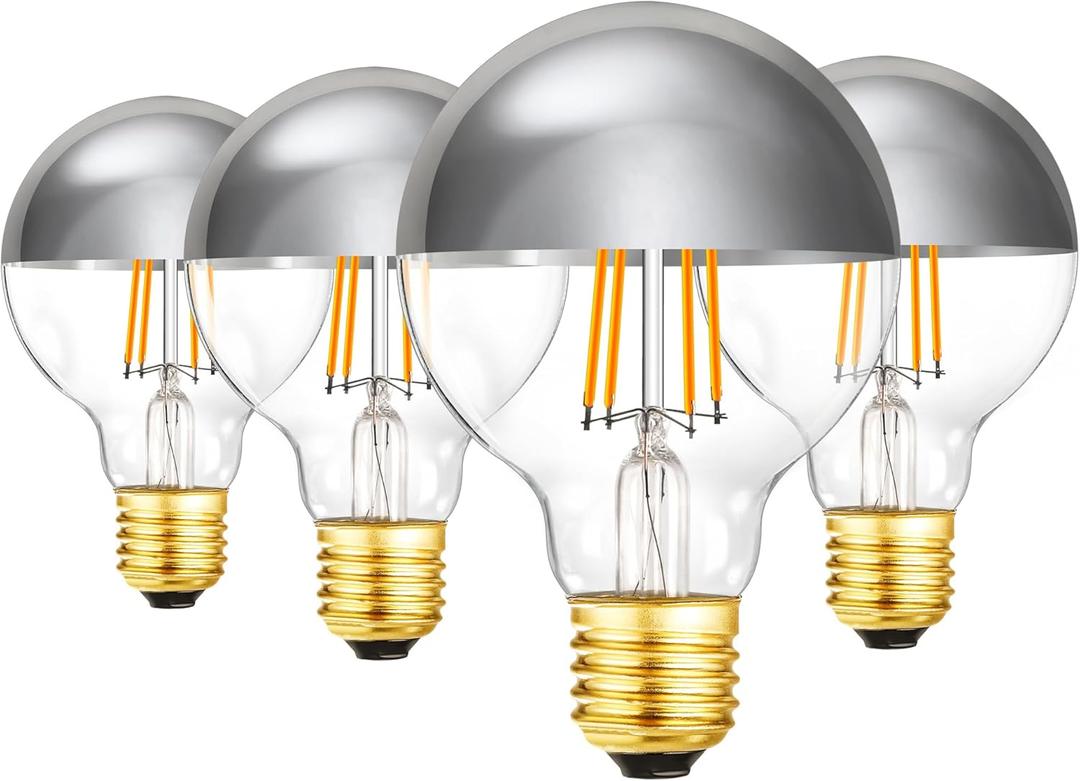 Dimmable Half Chrome Light Bulb, 6W (60W Eqv.), Anti Glare LED Light Bulbs, E26 Silver Dipped Bulb,3000K Soft White G25 Globe Light Bulbs for Bathroom, Vanity, Mirror, 4Pcs