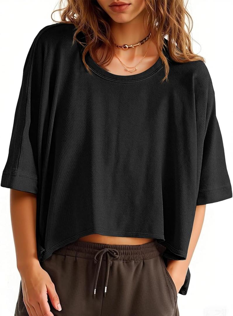 Tankaneo Womens Oversized T-Shirts Cropped Summer Casual Short Sleeve Loose Fit Tee Tops (Large, Black)