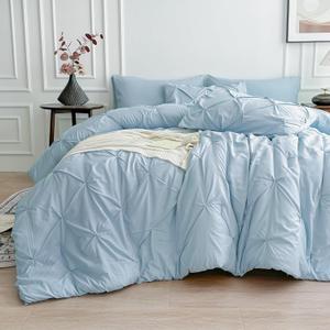 Maple&Stone Twin Comforter Set, 5-Piece Bedding Set with Pinch Pleat Comforter, Sheets, Pillowcases & Shams - Light Blue