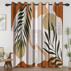Renaiss Mid Century Boho Blackout Curtains for Bedroom Abstract Palm Leaf Arch Sun Window Curtain Modern Minimalist Art Window Drapes for Living Room Decor Curtains 2 Panels Set, 53x84 Inch (Beige1)