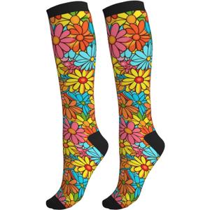 Duck Compression Socks Women and Men 15-20mmHg-Circulation Support Socks for Athletic Running Cycling (One Size, Hippie Flower)