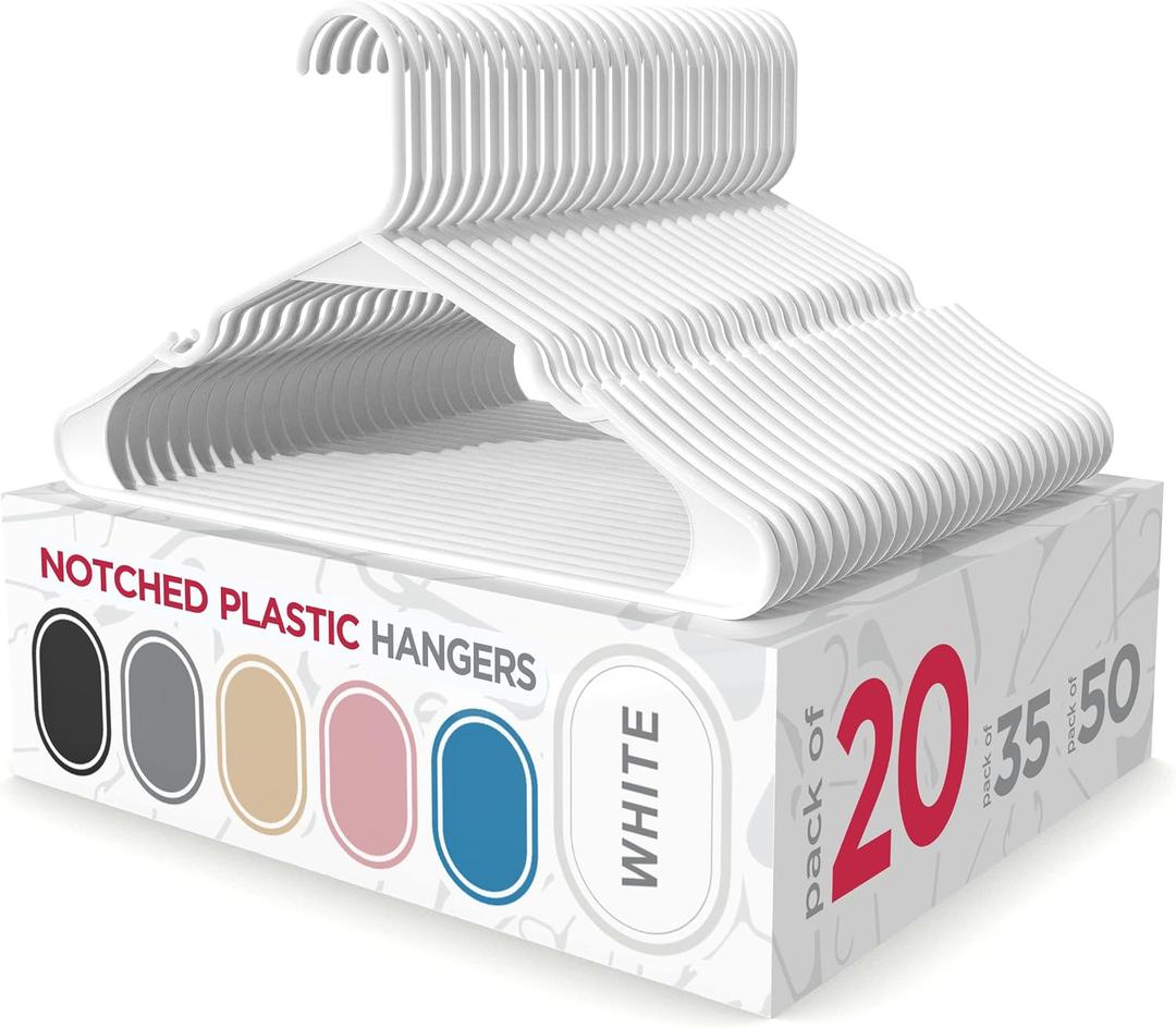 Sharpty - Plastic Hangers - Adult Clothes Hangers - T-Shirt, Dress, Coat Hangers & Accessories - Notched Hanger, Durable & Versatile Color Clothing Closet Hanger(20-Pack ,White)