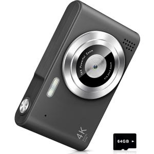 Digital Camera, Camera for Kids, UHD 4K 48MP Point and Shoot Digital Cameras with 64GB SD Card and 16X Digital Zoom Anti Shake, Compact Portable Small Gift for Boys Girls Students, Black
