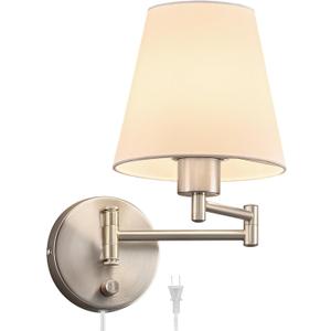 VONLUCE Modern Adjustable Swing Arm Wall Lamp Brushed Nickel, Plug-in Wall Sconce Lighting for Bedroom Bedside, Living Room, Kitchen, Hallway, Wall Mounted Light Fixtures with White Fabric Shade