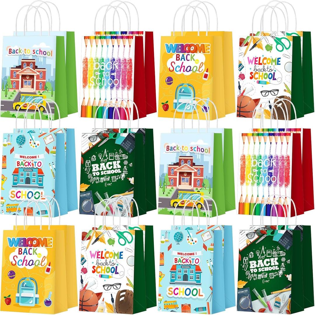 Zhanmai 24 Pcs Welcome Back to School Party Favors Bags for Gift Treat with Handle Colorful First Day of School Goodie Candy Paper Bags for Gifts Wrapping Party Decoration Supplies, 1 Count
