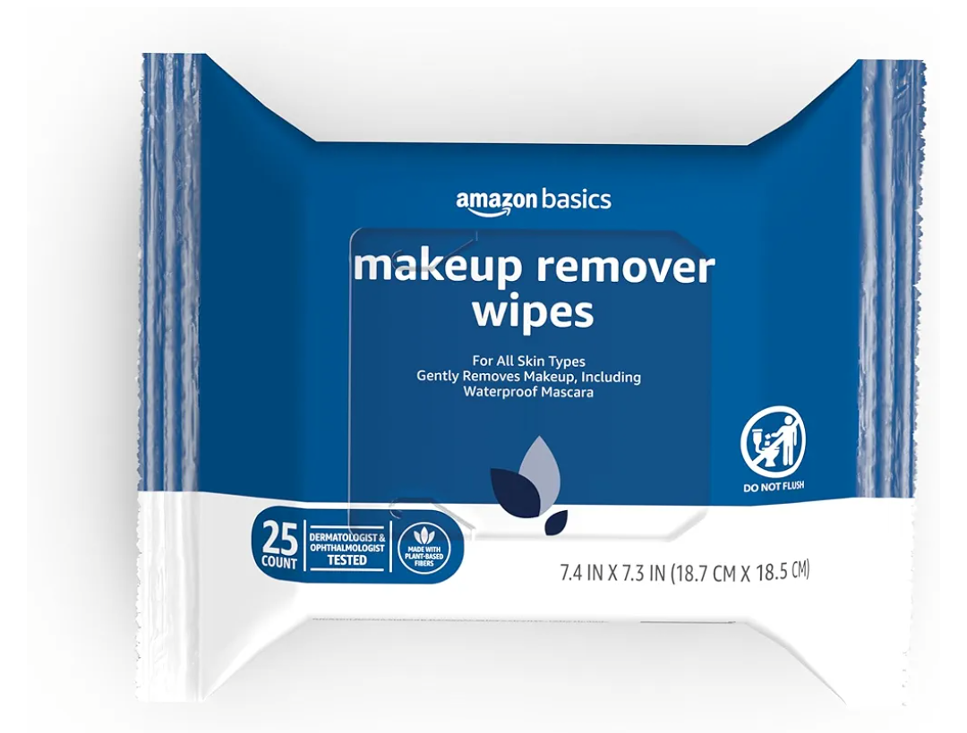 Amazon Basics Makeup Remover Wipes, Gentle Cleansing, Dermatologist Tested, Original, Plant Based, Alcohol-Free, Removes Waterproof Mascara, 25 Count Per Pack, Pack of 2
