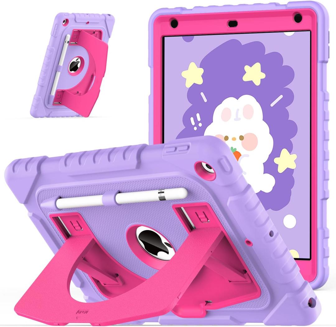 OKP Case for iPad 9th/ 8th/ 7th Generation 10.2 Inch (2021/2020/2019), Shockproof Rugged Heavy Duty i Pad 9 8 7 th Gen Protective 10.2'' Cover with Pencil Holder/Kickstand, Purple+Hot Pink