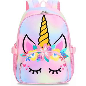 Kids Backpack Girls School Backpack Preschool Kindergarten Unicorn Toddler BookBag with Chest Clip (Tie Dye headband)