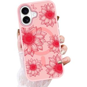 OOK Pink Case Design for iPhone 17 Case, Compatible with MagSafe, Cute Sunflower Floral Blooms Design Frosted Shockproof for Women Girls Magnetic Phone Cover - Pink Flower