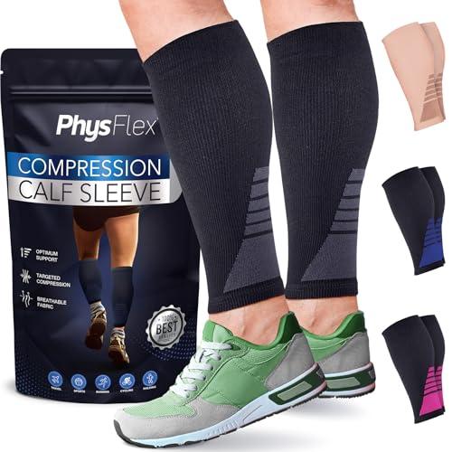 Calf Compression Sleeves for Men and Women - (1 Pair) Footless Compression Socks Support for Varicose Veins, Nursing, Pregnancy, Running - PhysFlex Leg Sleeve Brace for Shin Splints, Pain Relief and Reduces Swelling (Black, Medium)