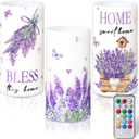 3 Pcs Purple Lavender Flameless Candles with Remote Color Changing Battery Operated LED Pillar Bless This Home Candles for Spring Lavender Easter Living Room Farmhouse Kitchen Decor