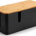 ZhiYo Bamboo Lid Cord Organizer Box, Safe ABS Cable Management Box for TV and Computer, Wood Cover Cord Hider to Hide Wires, Router, USB Hub & Under Desk Power Strip, 1 Pack L13.1 xW5.6 xH5.6 Black