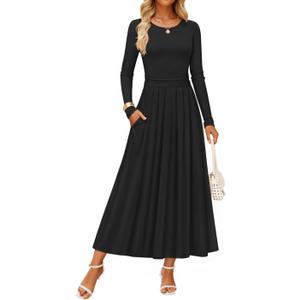 ZESICA Women's Elegant Long Sleeve Maxi Dress 2026 Spring Crewneck Knit High Waist Pleated Flowy A Line Casual Party Dresses 