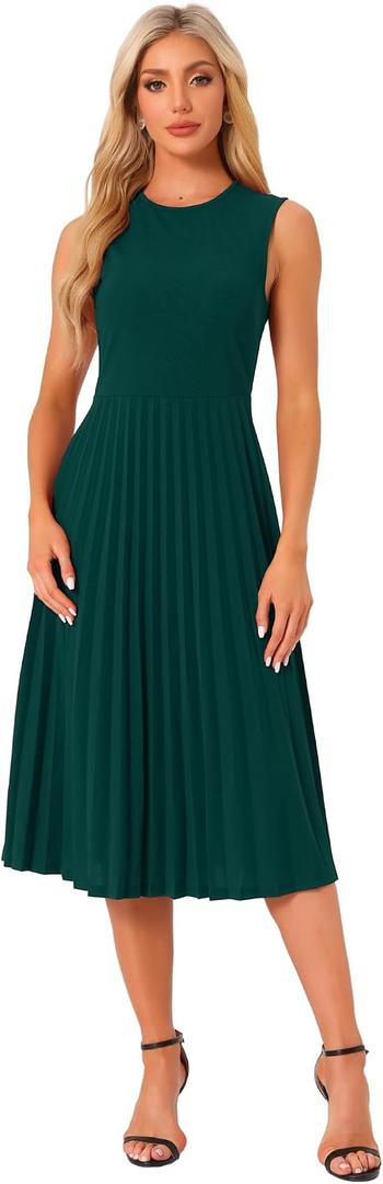 Allegra K Women's Sleeveless Pleated Dress Ruffle Hem Crew Neck Tank Knitted Elegant Midi Dresses (Green, S)