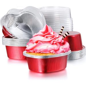 20 Sets Aluminum Foil Cake Pan Heart Shaped Cupcake Cup with Lids 100 Ml/ 3.4 Ounces Disposable Mini Cupcake Cup Baking Cups for Valentine Mother's Day Wedding Xmas Birthday(Red)