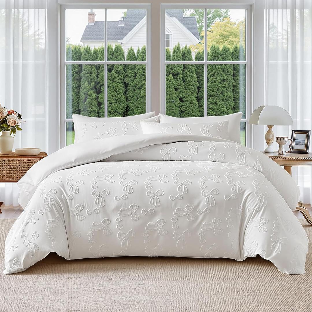 7 Pieces Bow Comforter Set for Girls White Tufted Boho Bedding Set Queen Size Farmhouse Bed in A Bag as Gifts (1 Comforter, 1 Flat Sheet, 1 Fitted Sheet, 2 Pillowcase and 2 Pillow Sham)