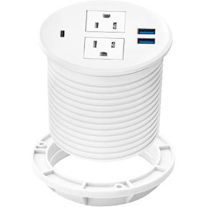 Kungfuking Desktop Power Grommet with PD 20W USB C,Recessed Power Strip with USB Port, Desk Outlet Socket with USB C,2 AC Outlets and 3 USB Charging Port 6.56 FT Extension Cord (White)