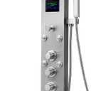 Shower Panel Tower System with Rainfall Waterfall Head and Adjustable Massage Body Jets LED Fahrenheit Temperature Display Handheld Sprayer Stainless Steel Nickel and Chrome Wall Mount Shower Panels