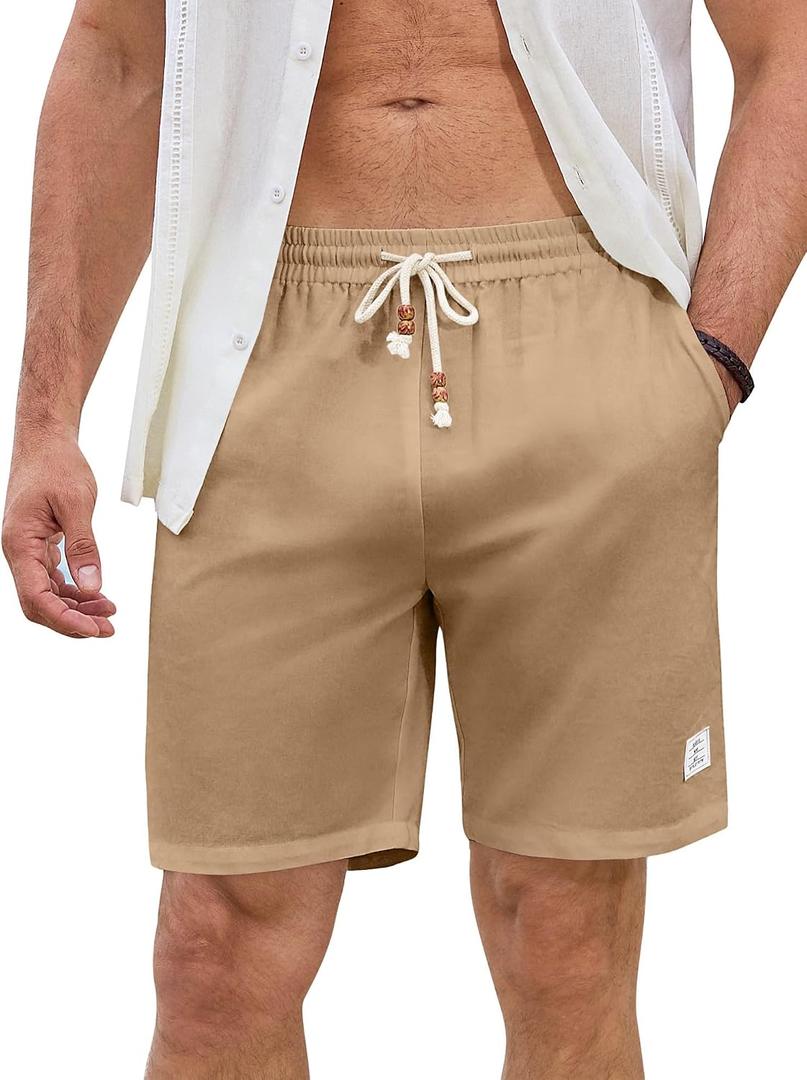 JMIERR Mens Shorts Linen Cotton 7" Casual Elastic Waist Drawstring Lightweight Summer Beach Shorts with Pockets (XL)