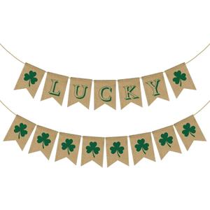 2 x Happy St. Patrick's Day Decorations Decor Banner Backdrop for Home Office Burlap, St. Patrick's Saint Patrick Day Decorations Banner for Wall Fireplace Mantel Indoor Outdoor