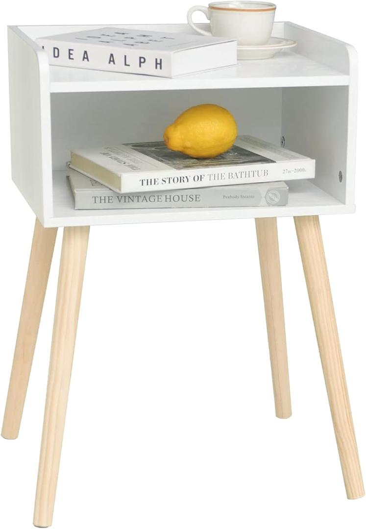 MaxSmeo White Nightstand, Small Bed Side Table for Small Spaces,Mid Century Modern Nightstand End Table with Storage and Solid Wood Legs for Bedroom Living Room(White)