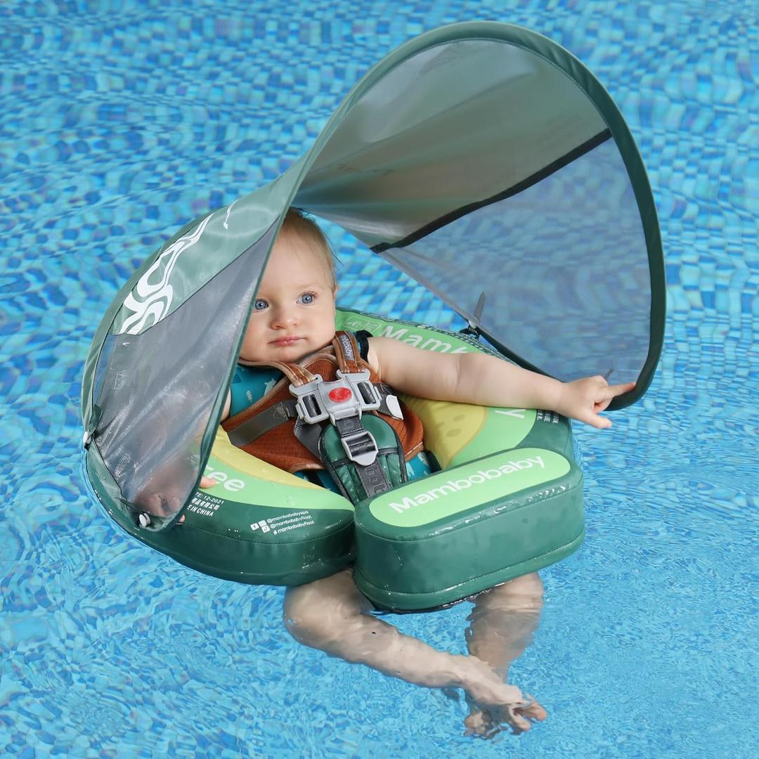 2026 Upgrade Mambobaby Float, Baby Floats with Canopy for Infants 3-24 Months, Non-Inflatable Pool Floats with Adjustable Safety Strap & Upgrade Tail, Waist Swimming Ring for Toddler, Avocado Green