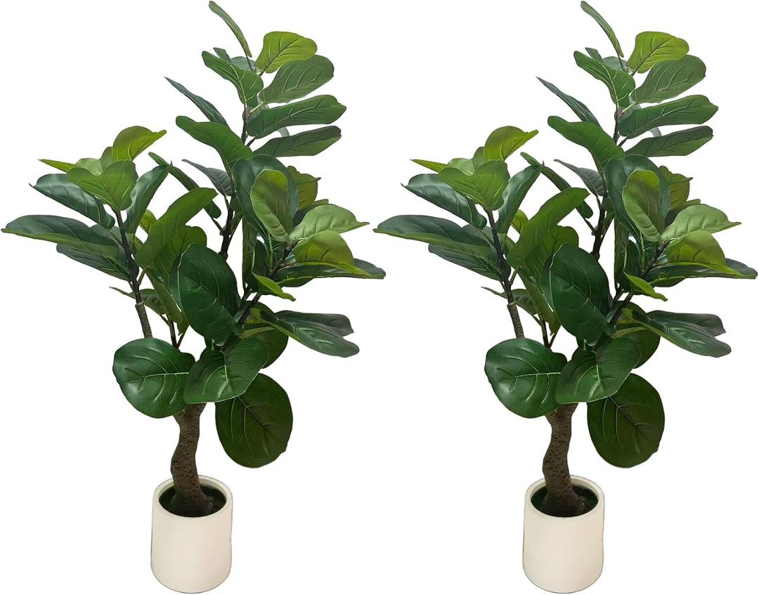 3.6FT Artificial Fiddle Leaf Fig Tree with White Pot, 2 Pack Faux Plant Indoor Outdoor Fake Tree for Home, Office, Living Room Decoration