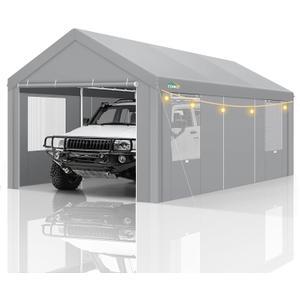 COBIZI Carport Canopy 12x20 Heavy Duty Portable Garage with Removable Sidewalls & Doors, Galvanized Frame Car Port Canopy Tent Waterproof with Built-in Sandbags for Car Boat Truck, Gray