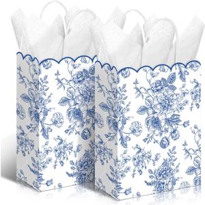 Kolldenn 24 Pcs Blue Floral Gift Bags with Handles Wildflower Party Favor Candy Treat Goodie Bags Scalloped for Birthday Decoration for Bridal Baby Shower Party Supplies (6.3x3.2x8.3 In)