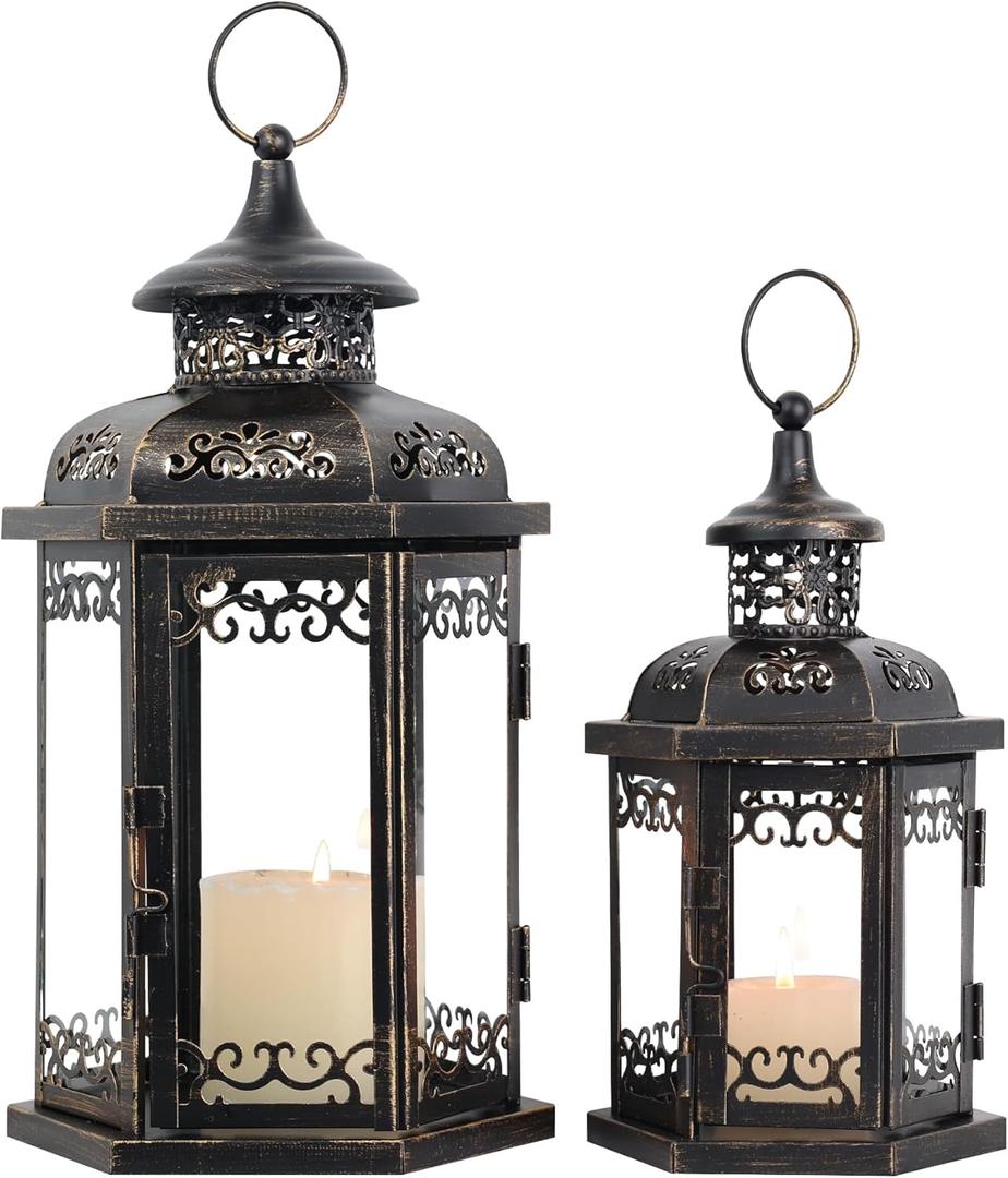 Large Lantern Decorative Outdoor & Indoor, Set of 2 (15&11) Metal Candle Lanterns Decor, Vintage Hanging Candle Holder for Front Porch Patio Wedding Farmhouse Home, Spring Decoration