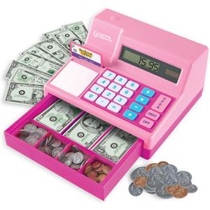 Learning Resources Pretend and Play Calculator Cash Register Pink - Money for Kids, Math Games, Playstore Grocery Store, Fine Motor Skills, Preschool Activities, Toddler Plastic Coins