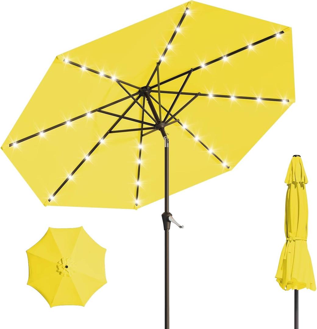 9FT Solar Umbrella 32 LED Lighted Patio Umbrella Table Market Umbrella w/Tilt and Crank Outdoor Umbrellas for Garden, Deck, Backyard, Pool and Beach, Yellow