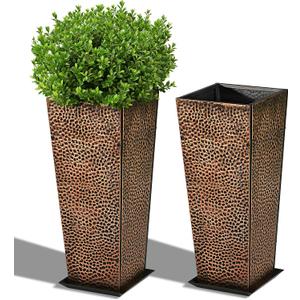 BAYN 2-Pack 24" Tall Metal Planter Hand-Hammered Textured Large Bronze Flower Pots Box with Saucer for Outdoor&Indoor, Garden, Porch, Patio, Yard with Pre-Drilled Drainage Holes, Bronze 