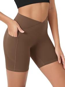 ODODOS Women's Crosover Yoga Shorts with Pockets, 6" Buttery Soft V High Waist Lounge Biker Shorts, Brunette, X-Large