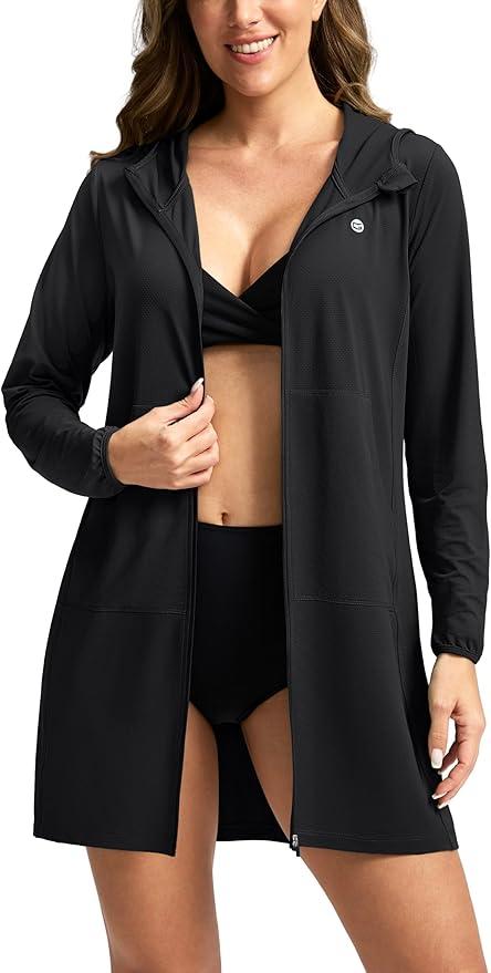 OLAOLA Women's UPF 50+ Swim Cover Up, Long Sleeve Sun Protection Hoodie with Pockets, Lightweight Beach Cover Up for Women (Black, S)