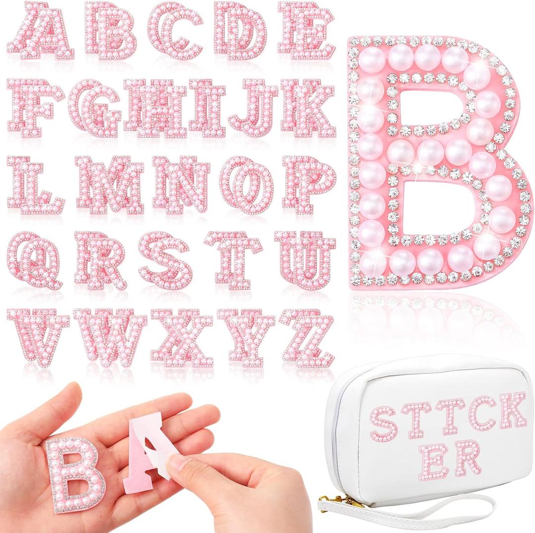 WILLBOND 52 Pieces Self Adhesive Pearl Rhinestone Letter Patches A-Z Glitter Letter Stickers Pearl Alphabet Appliques for Clothes Hat Backpack, Wedding Graduation Mother's Day DIY Crafts(Pink)