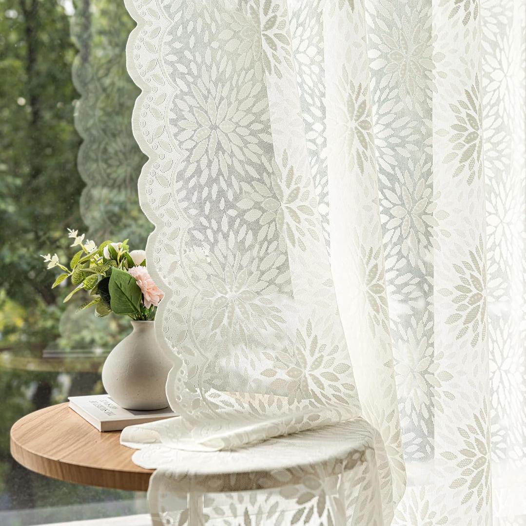 MIULEE Vintage Lace Curtains 96 Inches Long 2 Panels, Victorian Decorative Floral Scalloped Semi Sheer Curtains Light Filtering Rod Pocket Panels Decor for Bedroom Living Room, 52" W x 96" L, Ivory
