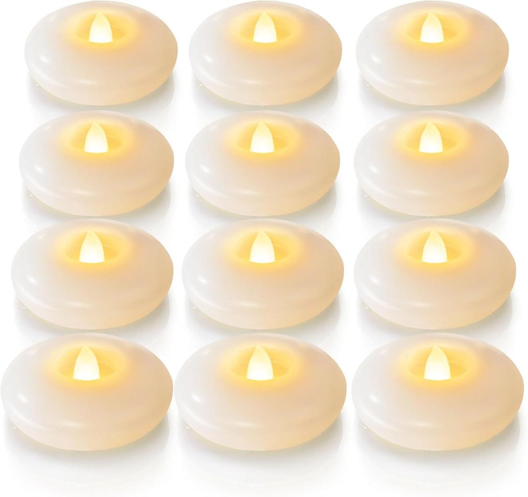 Homemory 10 Pack 3 Flameless Led Floating Candles, 200 Hour White Battery Operate Waterproof Tealights for Cylinder Vases, Centerpieces at Wedding Decor, Party, Pool (Warm White Light (12Pack, White Shell))