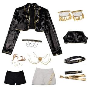 Cosfun Womens Cosplay Costume Set Black Golden Jacket Top Skirt Uniform Suit Dancing Stage XL 