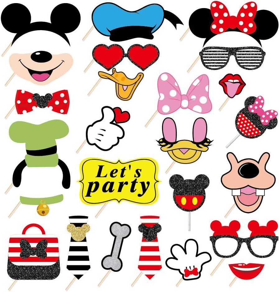 25Pcs Mouse Friends Photo Booth Props with Stick, Mickey Theme Selfie Props, Minnie Birthday Party Supplies, Photography Backdrop Decorations