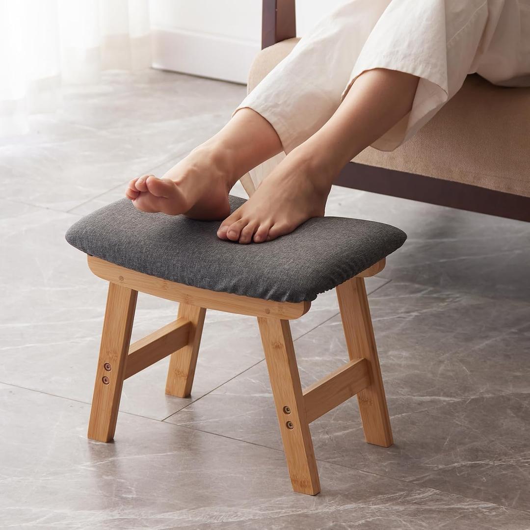 Kitsanery Foot Stool,Ottoman,Bamboo Small Sofa Foot Rest Under Desk,Extra Seating for Living Room, Bedroom and Kitchen (Natural Stool Legs - Gray Surface)