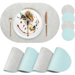 Faux Leather Placemats Set of 4 with Matching Coasters, Heat Resistant PU Oval Placemats, Waterproof Wipeable Washable Place Mats, Non-Slip Table Placemats for Dining Table Kitchen Patio