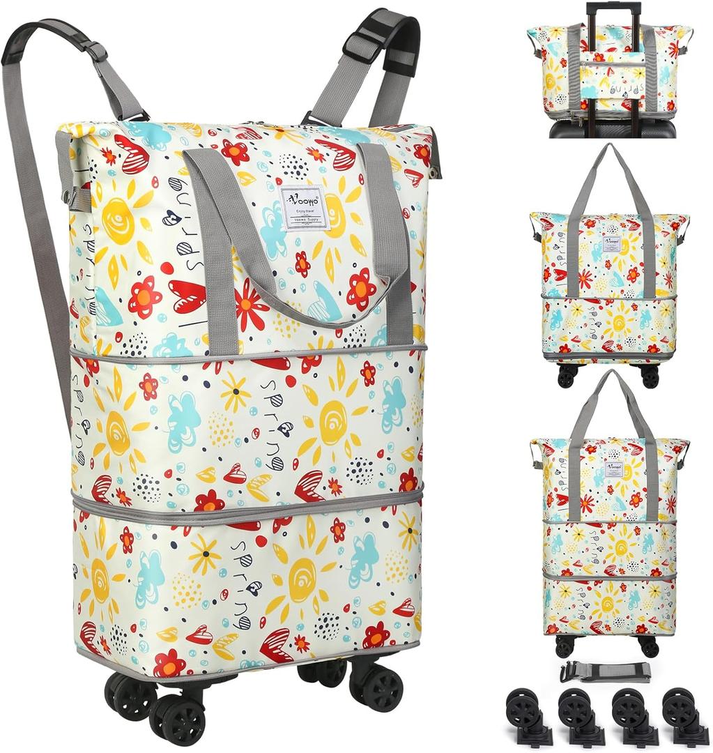 VOOWO Rolling Duffel Bag with Wheels - Foldable Expandable Duffle Bag with Wheels for Travel, Rolling Luggage Bag Carry On Bag with Wheel, Large Rolling Backpack Weekend Bag for Men Women (Flower)