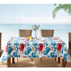 Newbridge Spring Rectangle Vinyl Flannel Backed Tablecloth, 60 x 102 Inch, Stone Crab Print, Blue and Red Indoor Outdoor Waterproof Vinyl Table Cloth, Cape Cod Clambake