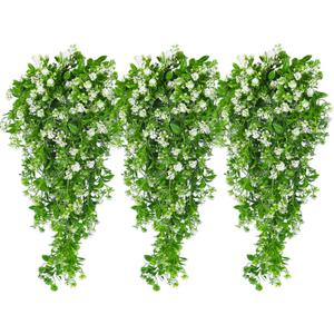 SJL Artificial Hanging Plants Fake Vine Faux Greenery Outdoor UV Resistant Plastic Plants Artificial Plant Outdoors Fake Hanging Vine for Indoor Outdoor Home Garden Wedding Party Decor (White)