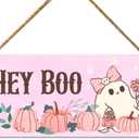 Halloween Wood Door Sign, Pink Halloween Ghost Decor for Home Porch Patio Front Door Hey Boo Wall Hanging Sign Decorations