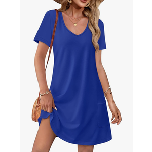 OFEEFAN Summer Dresses for Women 2025 Loose V Neck Short Sleeve Casual T Shirt Dress Sundresses Swimsuit Coverup with Pockets XL Bright Blue